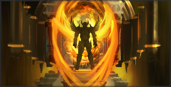 拥有着橙色“翅膀”的天使生物站在壁垒上，佩戴着有角的头盔。