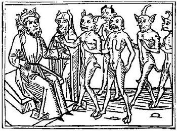 图为15世纪意大利***律法师和主教雅各布斯-泰拉撰写的《恶魔盛宴》一书中，彼列和他的随从们。