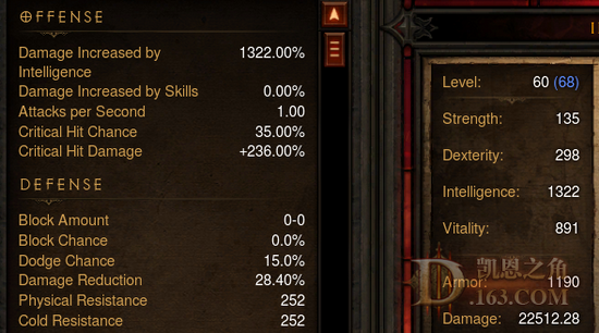 人物面板如下，22512.28DPS，攻速1.0，爆击35%，爆伤236%