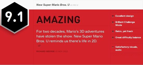 《新超级马里奥兄弟U》获得了9.1分评分