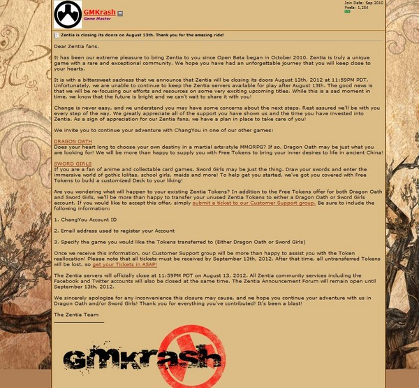 寻仙美服Zentia公告 8月13日将停止运营