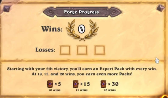 　在锻炉模式下，从第五场战斗胜利开始，玩家每次胜利都会获得一个未开封的新卡包，胜出第十次、十五次和二十次的时候还会获得更多卡包奖励