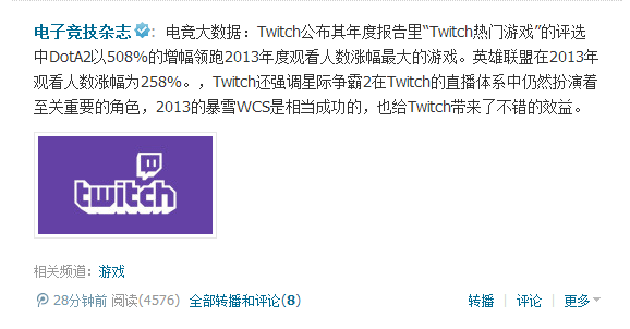 Twitch年报:DOTA2观看人数涨幅最大游戏