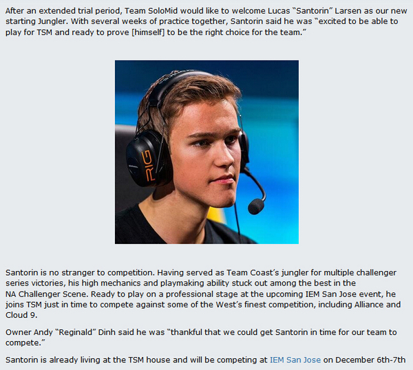 TSM招新打野Santorin 首秀IEM圣何塞站