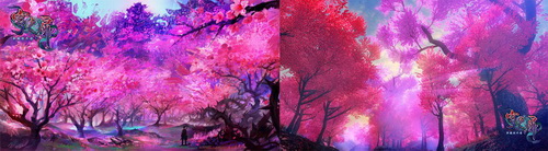 《轩辕剑外传穹之扉》概念图（左）与游戏实际画面截图（右）