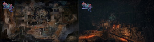 《轩辕剑外传穹之扉》概念图（左）与游戏实际画面截图（右）