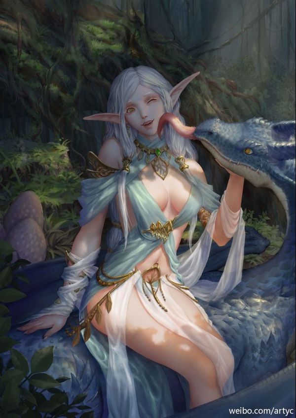 精美画作：森林中美丽的精灵与她的萌龙宠