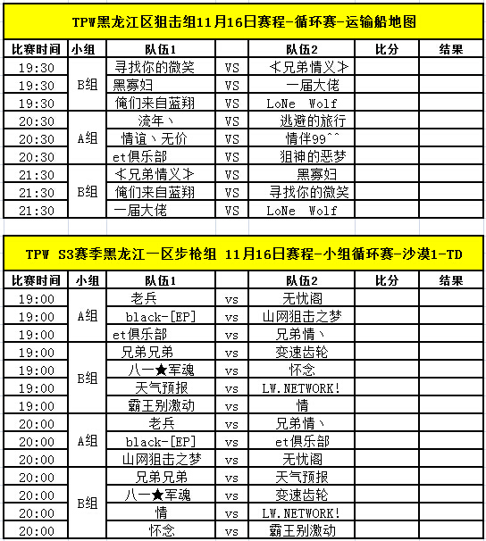 TPW S3赛季11月16日比赛对阵信息公告 